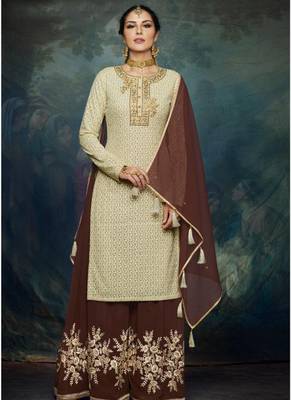Cream georgette semi stitched party lucknowi palazzo suit 1