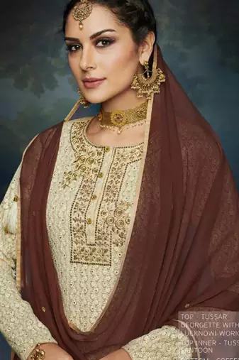 Cream georgette semi stitched party lucknowi palazzo suit