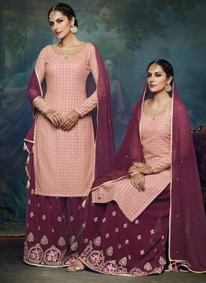 Peach georgette semi stitched party lucknowi palazzo suit 1