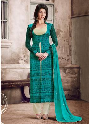 Green satin semi stitched party pant suit 1