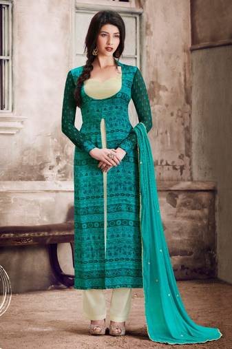 Green satin semi stitched party pant suit
