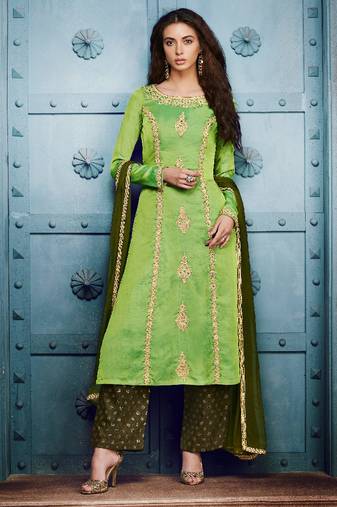 Green silk semi stitched party pant straight cut suit
