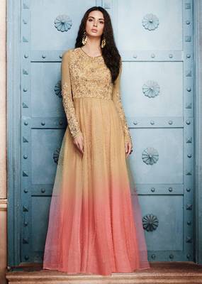 Beige net semi stitched party gown anarkali 1