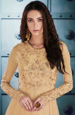Beige net semi stitched party gown anarkali 2
