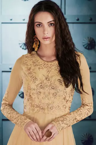Beige net semi stitched party gown anarkali