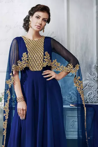 Blue georgette semi stitched wedding gown anarkali