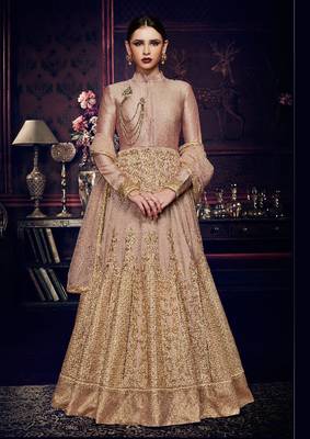 Pink handloom silk semi stitched wedding gown style anarkali 1
