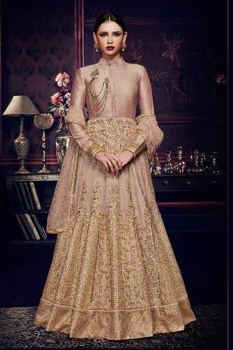 Pink handloom silk semi stitched wedding gown style anarkali