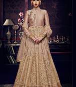 Pink handloom silk semi stitched wedding gown style anarkali