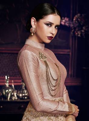 Pink handloom silk semi stitched wedding gown style anarkali 2