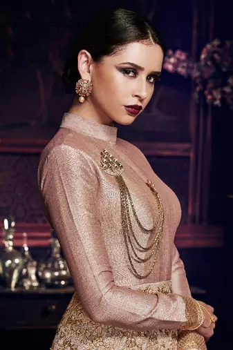 Pink handloom silk semi stitched wedding gown style anarkali
