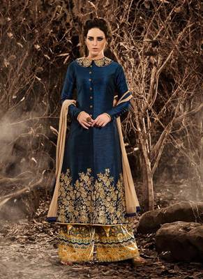 Blue silk semi stitched wedding palazzo suit 1