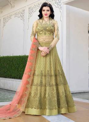 Green net semi stitched wedding anarkali 1