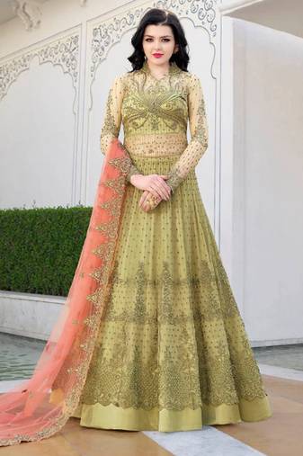 Green net semi stitched wedding anarkali