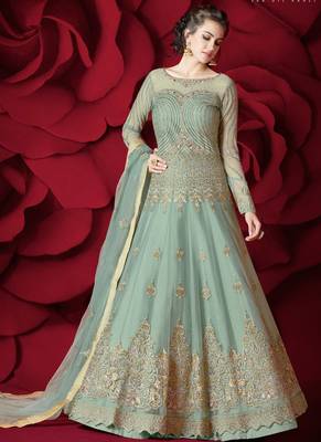 Green net semi stitched gown anarkali 1