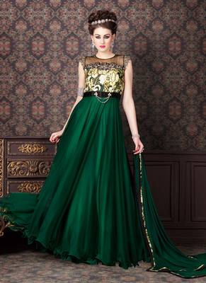 Green net semi stitched party three piece gown 1