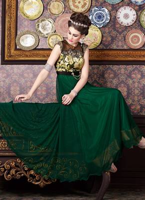 Green net semi stitched party three piece gown 2