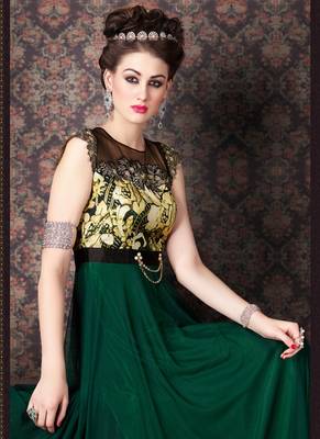Green net semi stitched party three piece gown 3