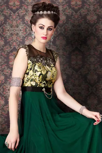 Green net semi stitched party three piece gown