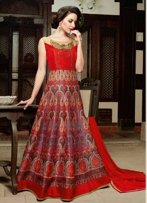 Red silk semi stitched wedding three piece gown 1