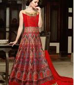 Red silk semi stitched wedding three piece gown