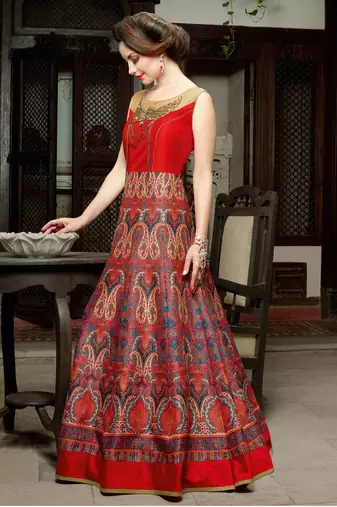 Red silk semi stitched wedding three piece gown