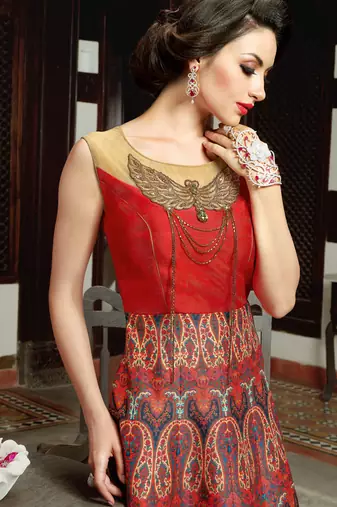 Red silk semi stitched wedding three piece gown