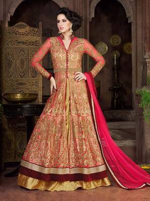 Pink net semi stitched wedding pakistani suit with skirt 1