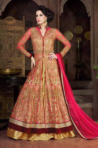 Pink net semi stitched wedding pakistani suit with skirt