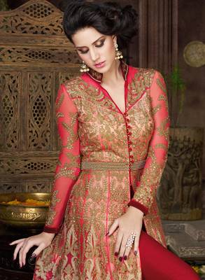 Pink net semi stitched wedding pakistani suit with skirt 3