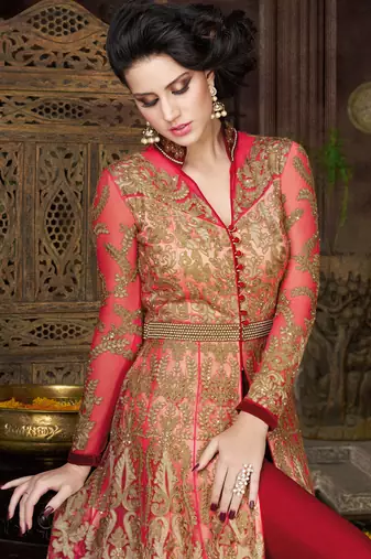 Pink net semi stitched wedding pakistani suit with skirt