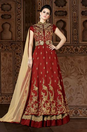 Maroon silk semi stitched wedding anarkali suit with skirt