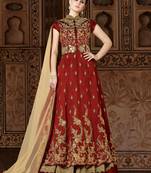 Maroon silk semi stitched wedding anarkali suit with skirt