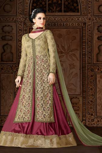 Green net semi stitched wedding anarkali with skirt
