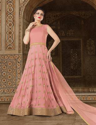 Peach silk semi stitched wedding anarkali suit 1