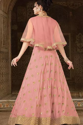 Peach silk semi stitched wedding anarkali suit