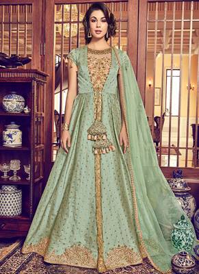 Green & beige silk net semi stitched wedding abaya suit with jacket 1