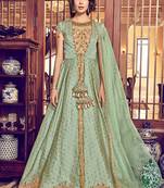 Green & beige silk net semi stitched wedding abaya suit with jacket