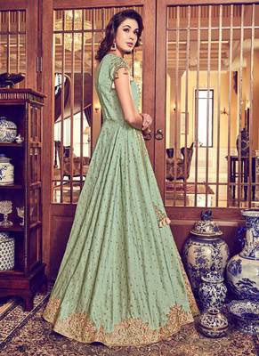 Green & beige silk net semi stitched wedding abaya suit with jacket 2