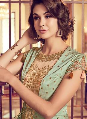 Green & beige silk net semi stitched wedding abaya suit with jacket 3