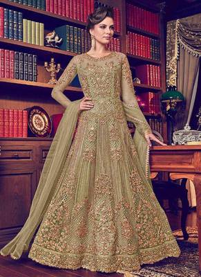 Green net semi stitched wedding abaya style anarkali 1