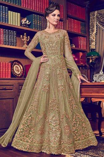Green net semi stitched wedding abaya style anarkali