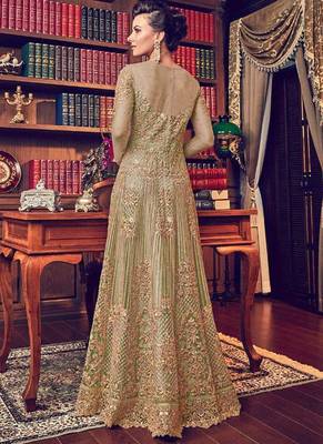 Green net semi stitched wedding abaya style anarkali 2