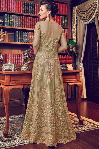 Green net semi stitched wedding abaya style anarkali