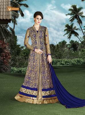 Blue net semi stitched wedding sherwani suit 1