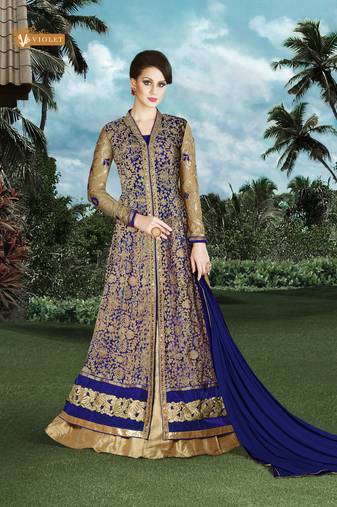 Blue net semi stitched wedding sherwani suit