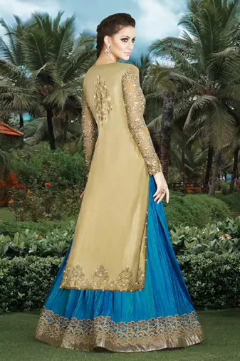 Blue net semi stitched wedding sherwani suit