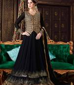 Black silk & georgette semi stitched wedding anarkali suit with jacket