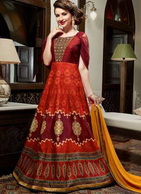 Maroon silk semi stitched wedding three piece gown 1