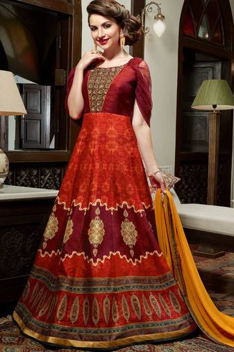 Maroon silk semi stitched wedding three piece gown